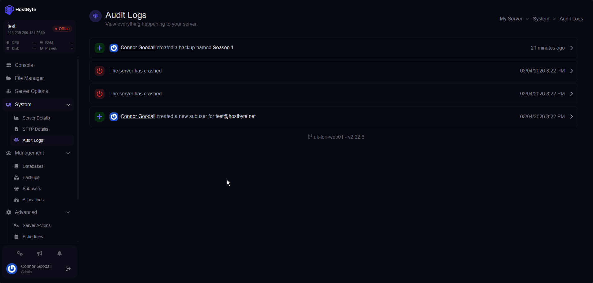 A preview of the Audit Logs feature in the Firefly Panel