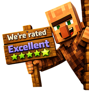 Minecraft villager holding a sign saying We're rated Excellent with 5 stars underneath
